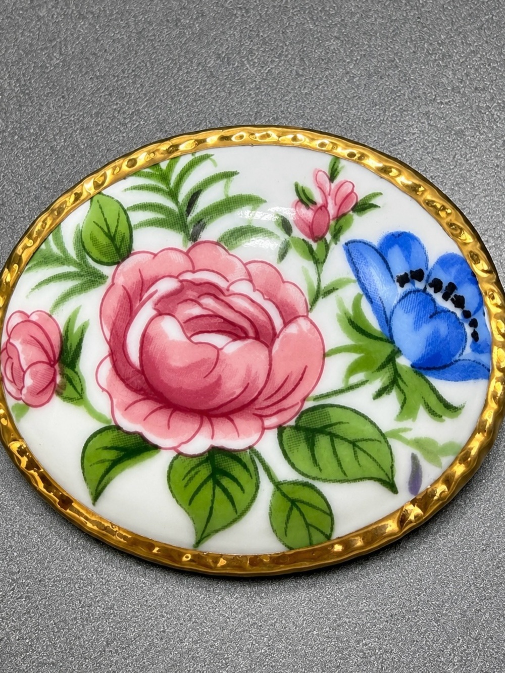 Vintage Porcelain Floral Oval Brooch in Pink & Blue #cz187